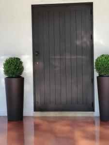 zwei Topfpflanzen vor einer Tür in der Unterkunft Pine house in Montemesola