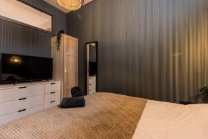 a bedroom with a large bed and a television at Apartment Viognier in The Hague