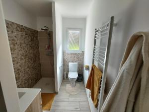 łazienka z toaletą i kabiną prysznicową w obiekcie Le Soleil au Paradis (des Pyrénées) w mieście Vernet-les-Bains