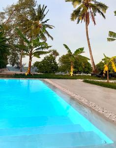 ein blauer Pool mit Palmen im Hintergrund in der Unterkunft Lions Zanzibar SUITE&APARTEMENT with private pool - LUXURY ON THE SEASIDE in Bunju