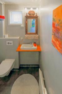 a bathroom with a sink and a toilet and a mirror at Berlevåg Apartment in Berlevåg