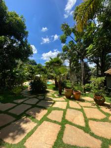 a garden with plants in pots on the ground at Casa de Campo Pampulha in Belo Horizonte