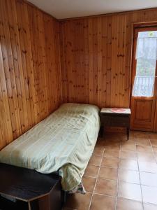 1 dormitorio con 1 cama en una pared de madera en PM 10 Via Don Aldo Osquez Guest House en Antey-Saint-André