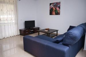 un salon avec un canapé bleu et une télévision dans l'établissement Piso con garaje El Puente en Santa Cruz de La Palma, à Santa Cruz de la Palma