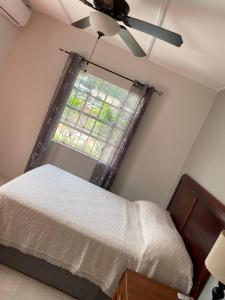 een slaapkamer met een bed en een plafondventilator bij Darosemar in Bridgetown