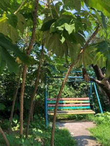 a blue bench sitting in the middle of a tree at Отел Нана in Kobuleti