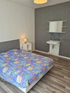 a bedroom with a bed with a colorful comforter at Appartement accueillant à Rosureux 70 m² avec jardin partagé in Rosureux