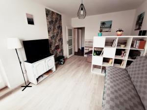 a living room with a television and white shelves at Centrum ul Prusa 12 dwa pokoje 4łozka 45m balkon dla max 4 osób in Piła