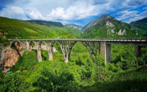 a bridge over a green valley with a train on it at Žabljak Apartman in Žabljak