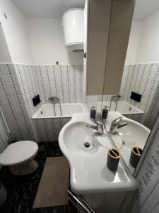 La salle de bains est pourvue d'un lavabo, de toilettes et d'un miroir. dans l'établissement Casa vacanze Le Galline, à Druogno