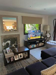 a living room with a tv and a fireplace at Acogedor chalet a 5 minutos de las playas. in Mar del Plata