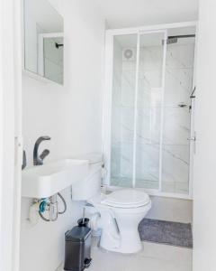 ケープタウンにあるBeach & Sea View Facing Apartment Japanese Styledのトイレと洗面台を備えた白いバスルーム