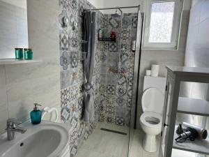 a bathroom with a shower and a toilet and a sink at Rosmarin Apartments Sea View Garden Side in Jadranovo