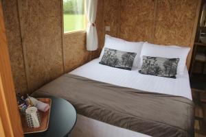 Saint-Martin-des-EntréesにあるLOGIS DU GRAND PINの枕2つが備わる小さな部屋のベッド1台分です。