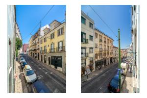 two pictures of a street with cars parked in front of buildings at WHome Top Floor w Luxury Design Premium Location in Lisbon