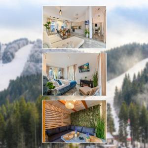 eine Collage mit vier Bildern eines Wohnzimmers in der Unterkunft AYASI Luxury Apartment Predeal in Predeal