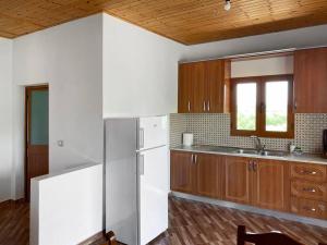 a kitchen with a white refrigerator and wooden cabinets at Boem Villas 1 in Lezhë
