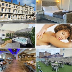 un collage de photos avec un hôtel et une femme dormant dans un lit dans l'établissement The Jubilee Hotel - with Spa and Restaurant and Entertainment, à Weymouth