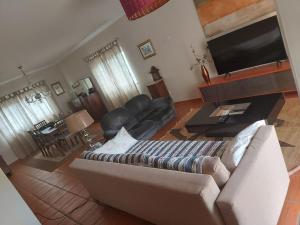 ein Wohnzimmer mit einem Sofa und einem Flachbild-TV in der Unterkunft Casa do Tié in Quinta do Anjo