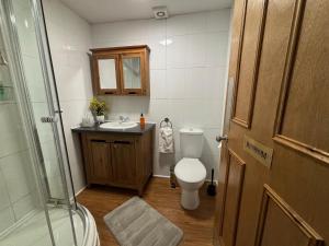 a bathroom with a toilet and a sink and a shower at Clarin Guest House in Edinburgh