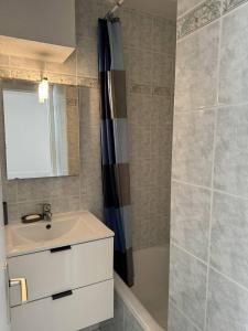 un bagno con lavandino e doccia di Confortable studio, wifi, parking, proche plage a Carnac