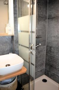 a bathroom with a sink and a shower at Petite vague - maison atypique avec terrasse in Saint-Aubin-sur-Mer