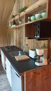 a kitchen with a sink and a counter top at Camping Collegats in La Pobla de Segur