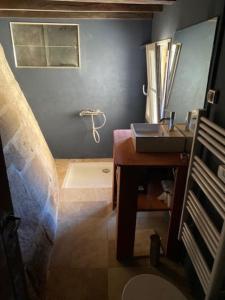 La salle de bains est pourvue d'un lavabo et d'une table avec un miroir. dans l'établissement La Tour, à Semur-en-Auxois