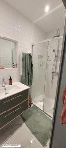 a bathroom with a shower and a sink at Nouveau! Propriété historique avec piscine, proche châteaux de la Loire et Futuroscope in Les Ormes
