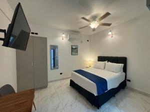 a bedroom with a bed and a flat screen tv at Apartaestudio la capital in San José