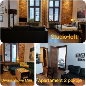 2 fotos de una sala de estar y un dormitorio en Apartamenty Bydgostia, en Bydgoszcz