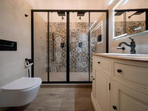 un bagno con doccia, wc e lavandino di Suite Conte Fernando a Bracciano