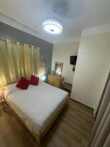 a bedroom with a bed with two red pillows at El Conde De Atrini in Santo Domingo