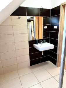 uma casa de banho com um lavatório e um espelho em Hospůdka a Ubytování U Mitucha em Å½enklava