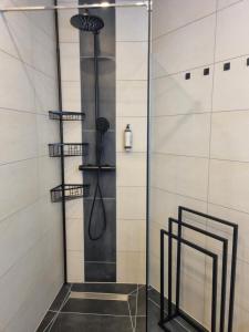 um chuveiro com uma porta de vidro na casa de banho em maremar - Design im Zentrum - Luxus Boxspringbetten - Arbeitsplätze & Highspeed WLAN - Balkon em Braunschweig