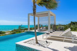 a villa with a palm tree and a pool at Kailoa Villa in Long Bay Hills