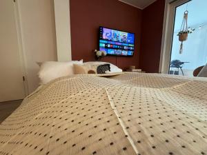 a bedroom with a large bed with a flat screen tv at Familienurlaub im Schwarzwald, Europapark-Nähe in Ettenheim +18 photos