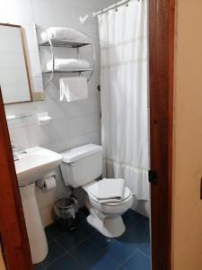 uma casa de banho com um WC, um lavatório e um espelho. em Hotel Escorial em La Serena