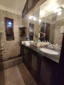 a bathroom with a sink and a large mirror at Chalet Del Lago in Termas de Río Hondo