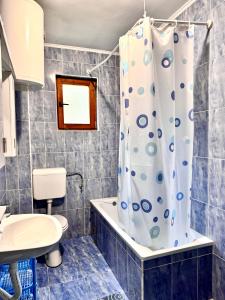 een badkamer met een douche, een toilet en een wastafel bij Apartman Lola in Višegrad