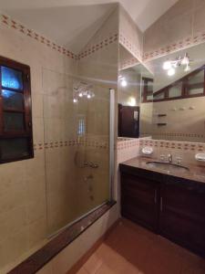 a bathroom with a shower and a sink at Chalet Del Lago in Termas de Río Hondo