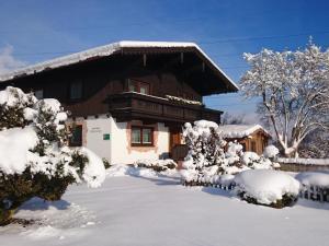 a house covered in snow with trees and bushes at Schleicherhof III in Strass im Zillertal