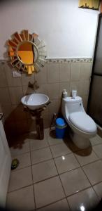 La salle de bains est pourvue de toilettes, d'un lavabo et d'un miroir. dans l'établissement Cabañas Zunzun, à San Ramón
