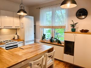 a kitchen with a wooden table and a counter top at Apartament Curie in Tychy