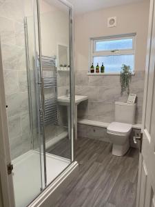 a bathroom with a shower and a toilet and a sink at The Retreats 1 Kenfig Hill Pet Friendly 2 Bedroom Flat with King Size bed twin beds and sofa bed sleeps up to 5 people in Kenfig Hill