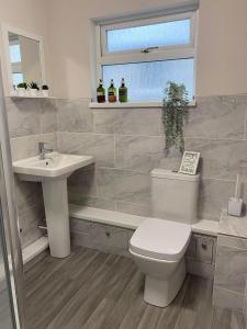 a bathroom with a toilet and a sink and a window at The Retreats 1 Kenfig Hill Pet Friendly 2 Bedroom Flat with King Size bed twin beds and sofa bed sleeps up to 5 people in Kenfig Hill