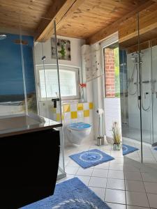a bathroom with a toilet and a shower and a sink at idyllisch gelegenes Ferienhaus nähe Heiligenhafen in Gremersdorf