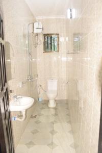 uma casa de banho com um WC e um lavatório em Two Bedrooms Apartment Moshi em Bunju