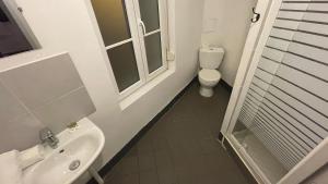 a bathroom with a sink and a toilet and a window at Hôtel Le Saint Quentin in Saint-Quentin