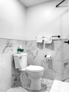 a bathroom with a white toilet and marble walls at The Phenix, Historic DTWN Hotel, Market Square View, King Bed, Room # 400 in Bangor